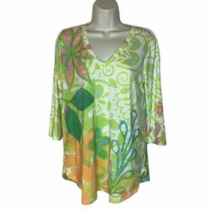 Soft Surroundings Green Tropical Patterned LS Top